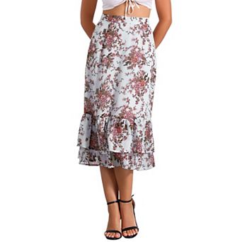 Women's Floral Print Elastic Waist Ruffle Hem Midi Skirt