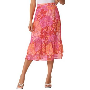 Women's Floral Print Elastic Waist Ruffle Hem Midi Skirt