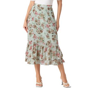 Women's Floral Print Elastic Waist Ruffle Hem Midi Skirt