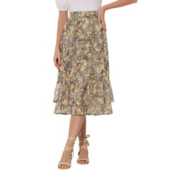 Women's Floral Print Elastic Waist Ruffle Hem Midi Skirt