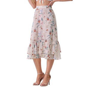 Women's Floral Print Elastic Waist Ruffle Hem Midi Skirt