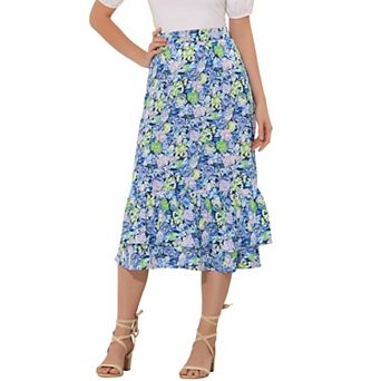 Women's Floral Print Elastic Waist Ruffle Hem Midi Skirt