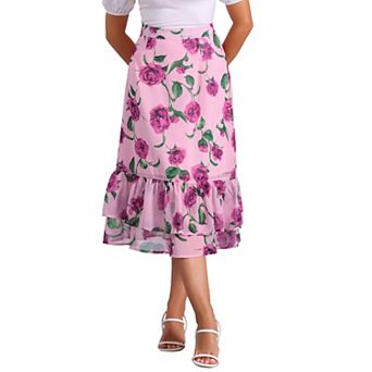 Women's Floral Print Elastic Waist Ruffle Hem Midi Skirt