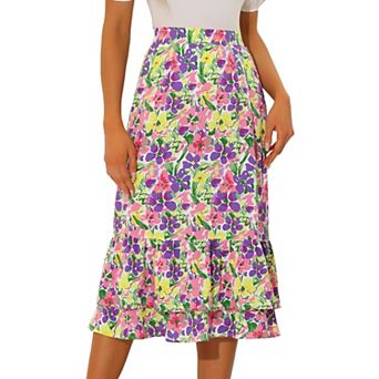 Women's Floral Print Elastic Waist Ruffle Hem Midi Skirt