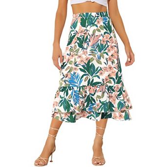 Women's Floral Print Elastic Waist Ruffle Hem Midi Skirt