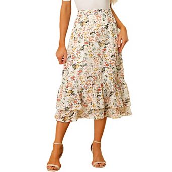 Women's Floral Print Elastic Waist Ruffle Hem Midi Skirt