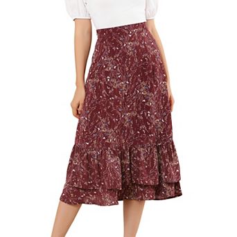 Women's Floral Print Elastic Waist Ruffle Hem Midi Skirt