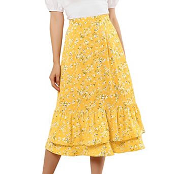 Women's Floral Print Elastic Waist Ruffle Hem Midi Skirt