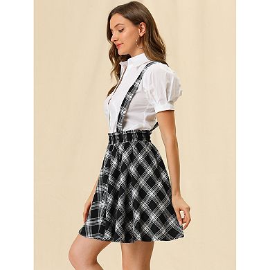 Women's Suspender Skirt Tartan Plaid Button Decor Skater Mini Skirts