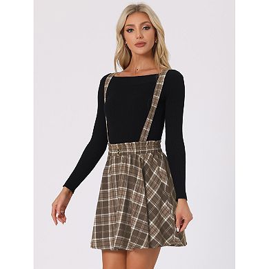 Women's Suspender Skirt Tartan Plaid Button Decor Skater Mini Skirts