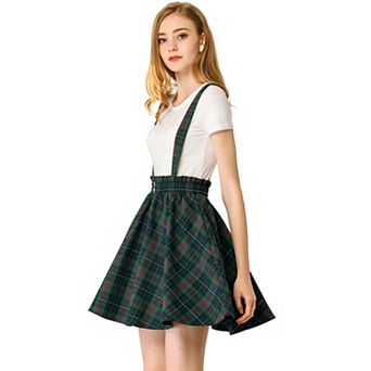 Women's Suspender Skirt Tartan Plaid Button Decor Skater Mini Skirts