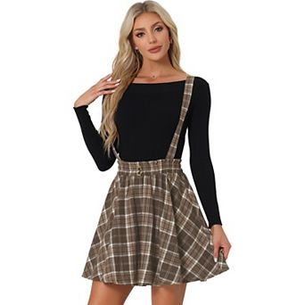 Women's Suspender Skirt Tartan Plaid Button Decor Skater Mini Skirts
