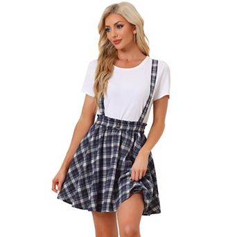 Women's Suspender Skirt Tartan Plaid Button Decor Skater Mini Skirts