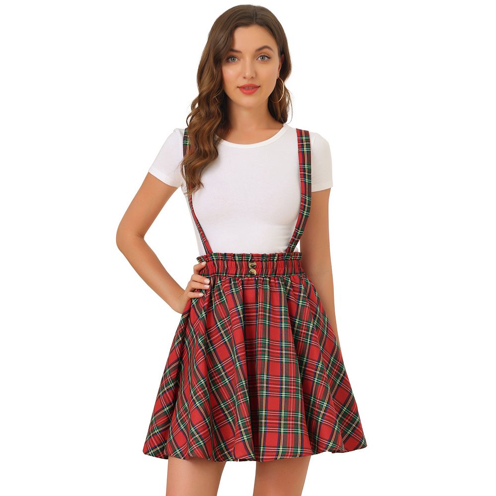 Women's Suspender Skirt Tartan Plaid Button Decor Skater Mini Skirts