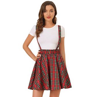 Women's Suspender Skirt Tartan Plaid Button Decor Skater Mini Skirts