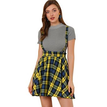 Women's Suspender Skirt Tartan Plaid Button Decor Skater Mini Skirts
