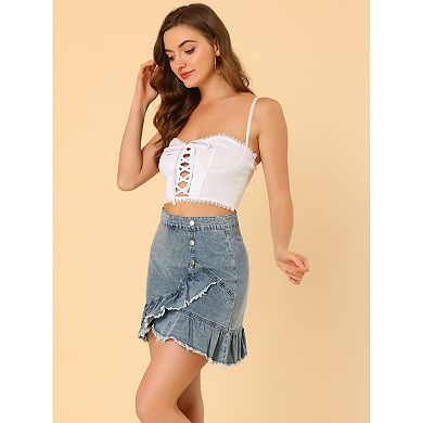 Women's Ruffle Hem Button Front Mini Denim Jeans Skirt