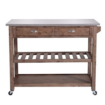 2 Drawers Wooden Kitchen Cart with Metal Top and Casters, Gray and Brown