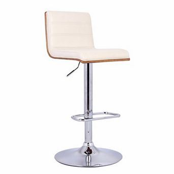 Wooden Support Faux Leather Barstool with Pedestal Base, Cream and Chrome