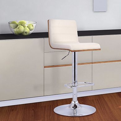 Wooden Support Faux Leather Barstool with Pedestal Base, Cream and Chrome