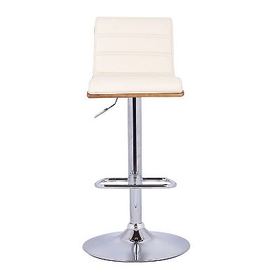 Wooden Support Faux Leather Barstool with Pedestal Base, Cream and Chrome