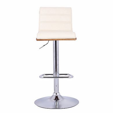 Wooden Support Faux Leather Barstool with Pedestal Base, Cream and Chrome