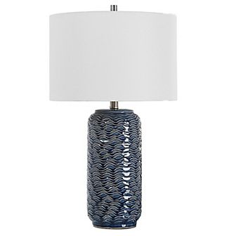 27 Inch Ceramic Table Lamp, Wavy Texture, Blue, Silver, White