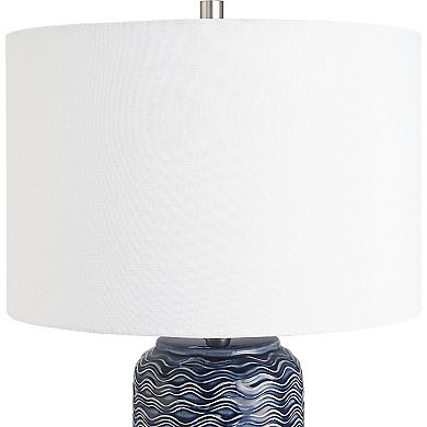 27 Inch Ceramic Table Lamp, Wavy Texture, Blue, Silver, White