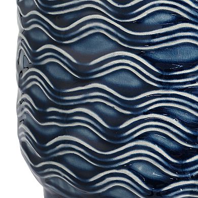 27 Inch Ceramic Table Lamp, Wavy Texture, Blue, Silver, White
