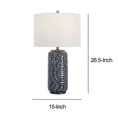 27 Inch Ceramic Table Lamp, Wavy Texture, Blue, Silver, White