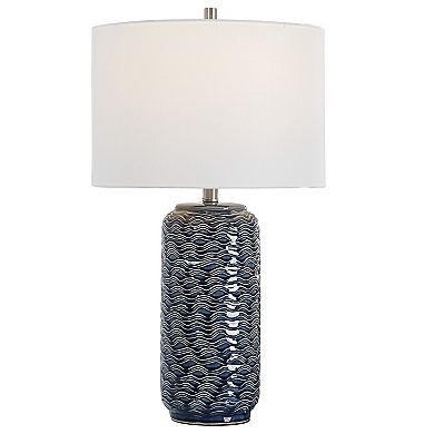 27 Inch Ceramic Table Lamp, Wavy Texture, Blue, Silver, White