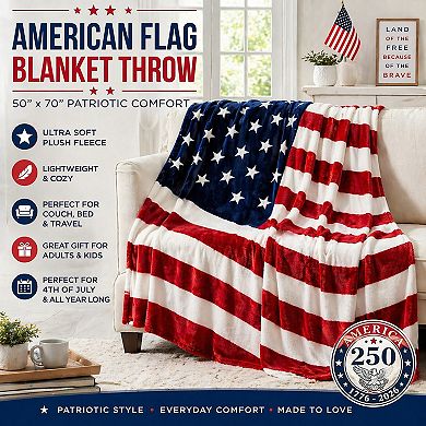 America 250 100% Polyester Micro Plush American Flag Style Throw Blanket 50" x 70" Red