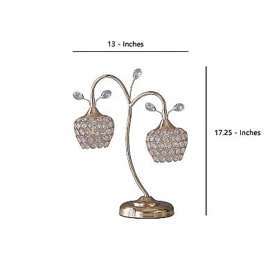 Floral Tree Design Metal Table Lamp with Dome Shade and Crystals, Gold