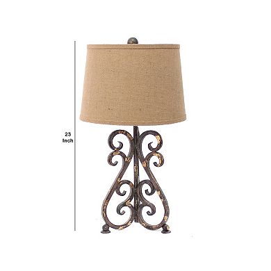 Metal Table Lamp with Scroll Design Base and 2 Way Switch,Bronze and Beige