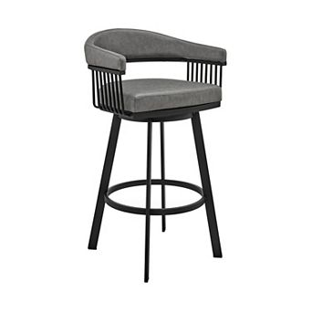 Swivel Barstool with Open Design Metal Frame and Slatted Arms, Gray and Black