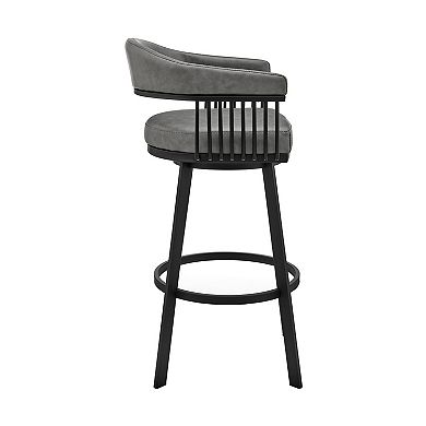 Swivel Barstool with Open Design Metal Frame and Slatted Arms, Gray and Black