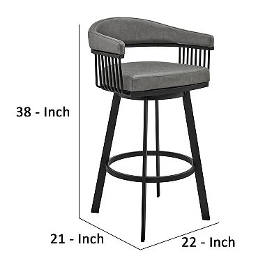 Swivel Barstool with Open Design Metal Frame and Slatted Arms, Gray and Black