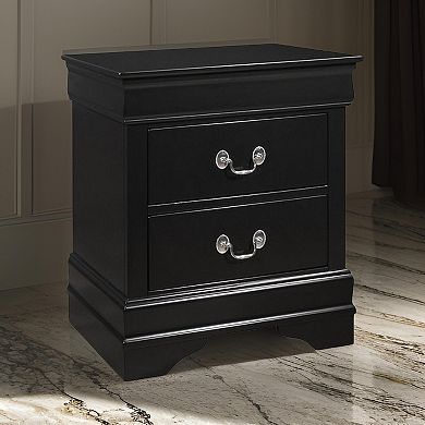 2 Drawer Wooden Frame Nightstand with Antique Metal Pulls, Black