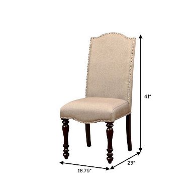 18 Inch Dining Chair, Beige Linen Fabric, Rich Brown Wood, Turned Legs