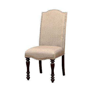 18 Inch Dining Chair, Beige Linen Fabric, Rich Brown Wood, Turned Legs
