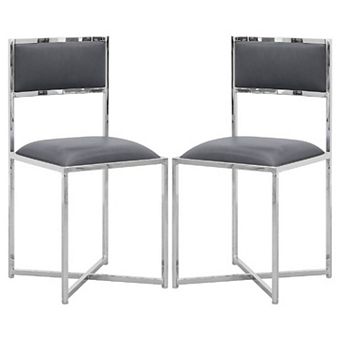 Eun 20 Inch Faux Leather Dining Chair, Chrome Base, Set of 2, Dark Gray