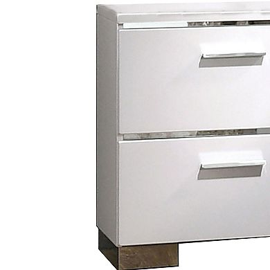 Wood and Metal Nightstand with 2 Drawers,  White and Silver