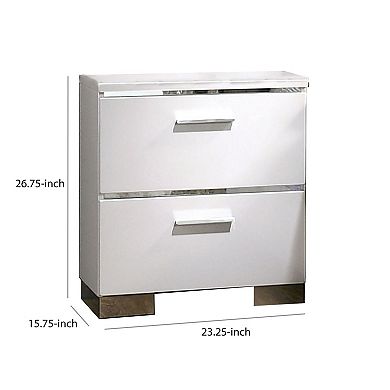 Wood and Metal Nightstand with 2 Drawers, White and Silver