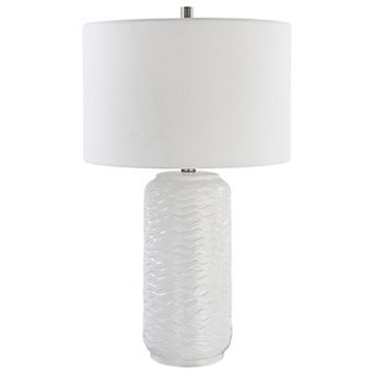 27 Inch Ceramic Table Lamp, Wavy Texture, Silver, White