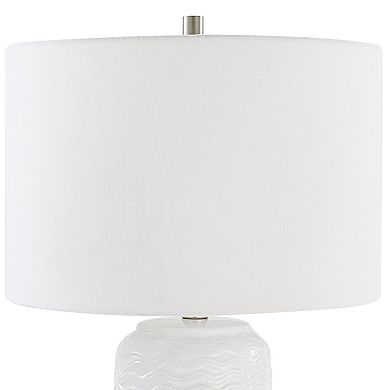 27 Inch Ceramic Table Lamp, Wavy Texture, Silver, White
