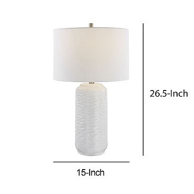 27 Inch Ceramic Table Lamp, Wavy Texture, Silver, White