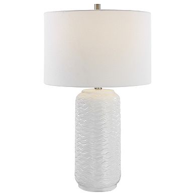 27 Inch Ceramic Table Lamp, Wavy Texture, Silver, White