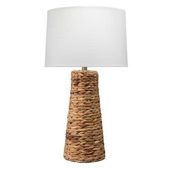 Table Lamp with Drum Shade and Seagrass Base, White and Brown