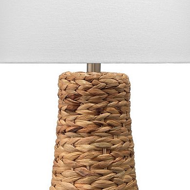 Table Lamp with Drum Shade and Seagrass Base, White and Brown