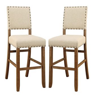 Counter Height Chair, Beige Fabric, Nailhead Trim, Set of 2, Brown Wood Legs